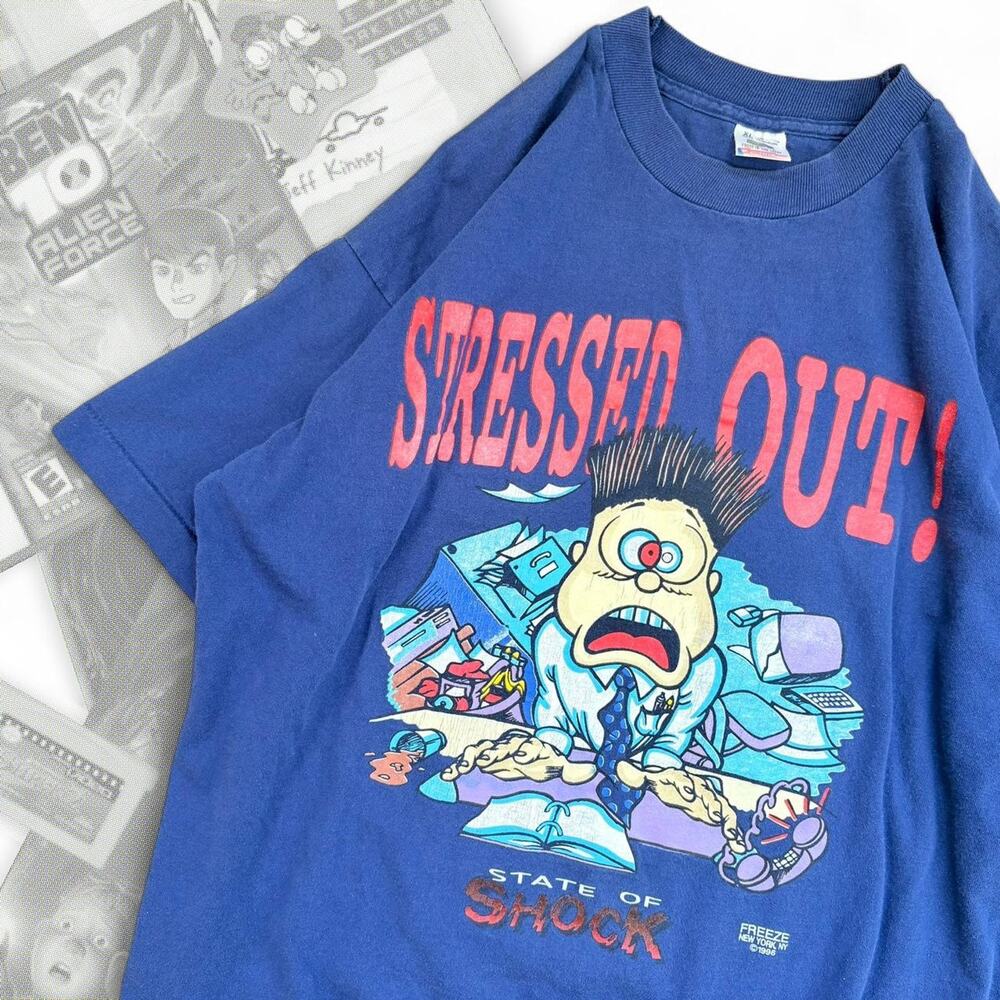 90βsβ Navy Blue βStressed Outβ Comic Graphic Tee